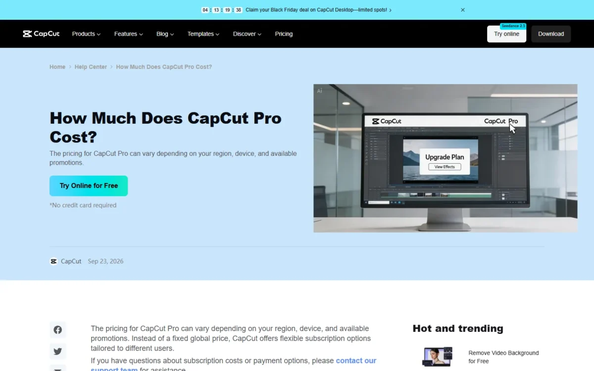 CapCut help page explaining how much CapCut Pro costs