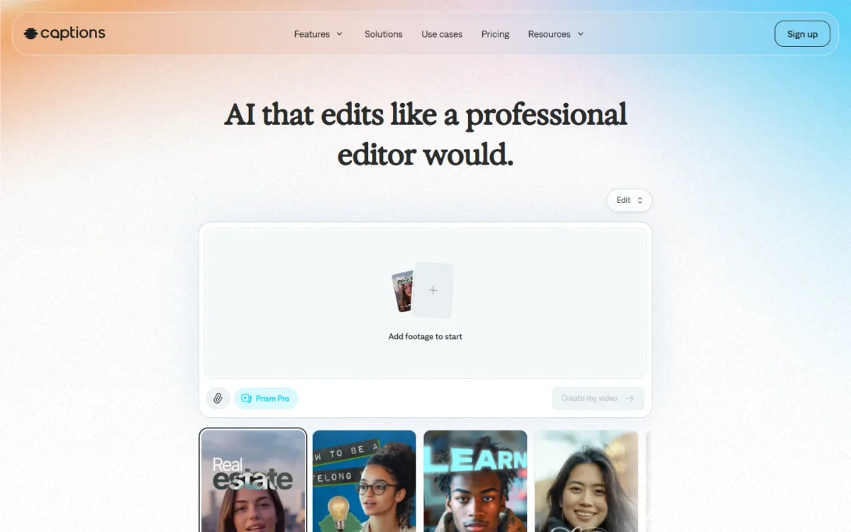 Captions homepage, first screen