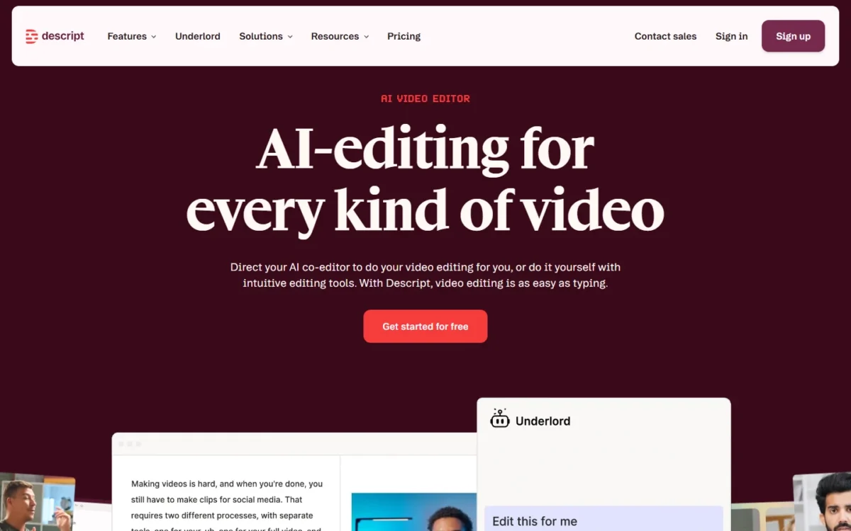 Descript homepage, first screen