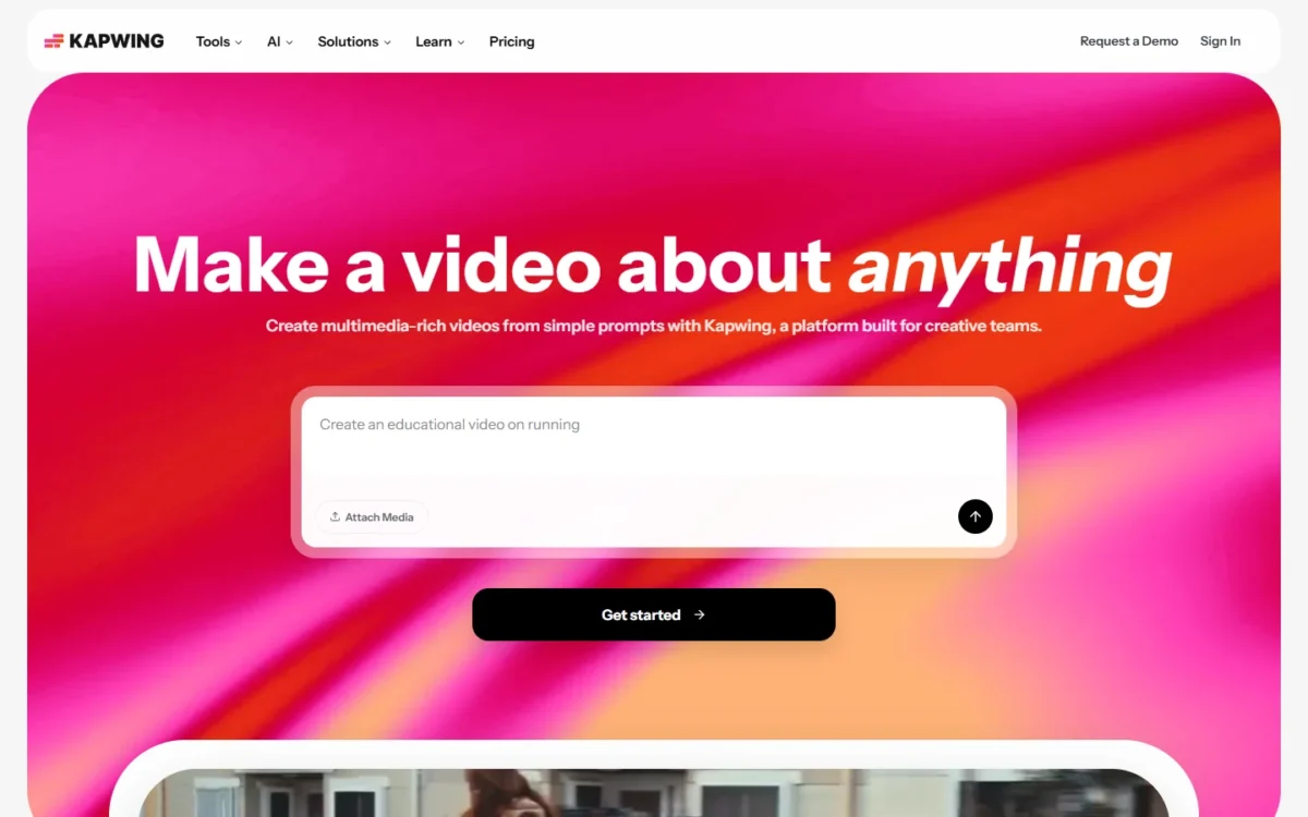 Kapwing homepage, first screen