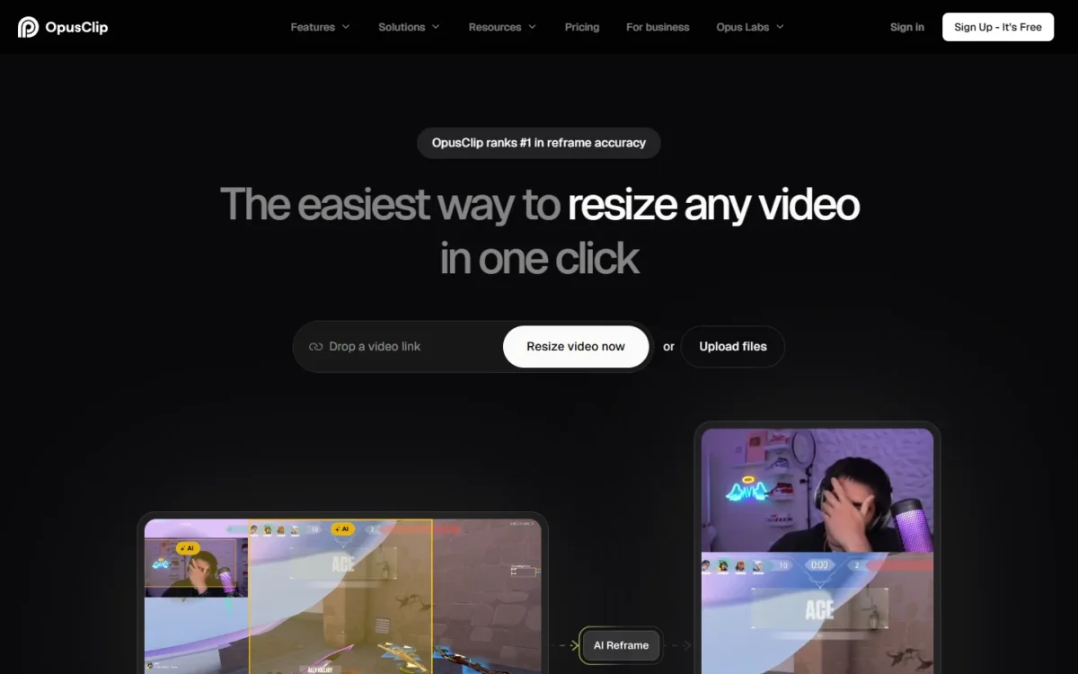 OpusClip AI reframe page, first screen
