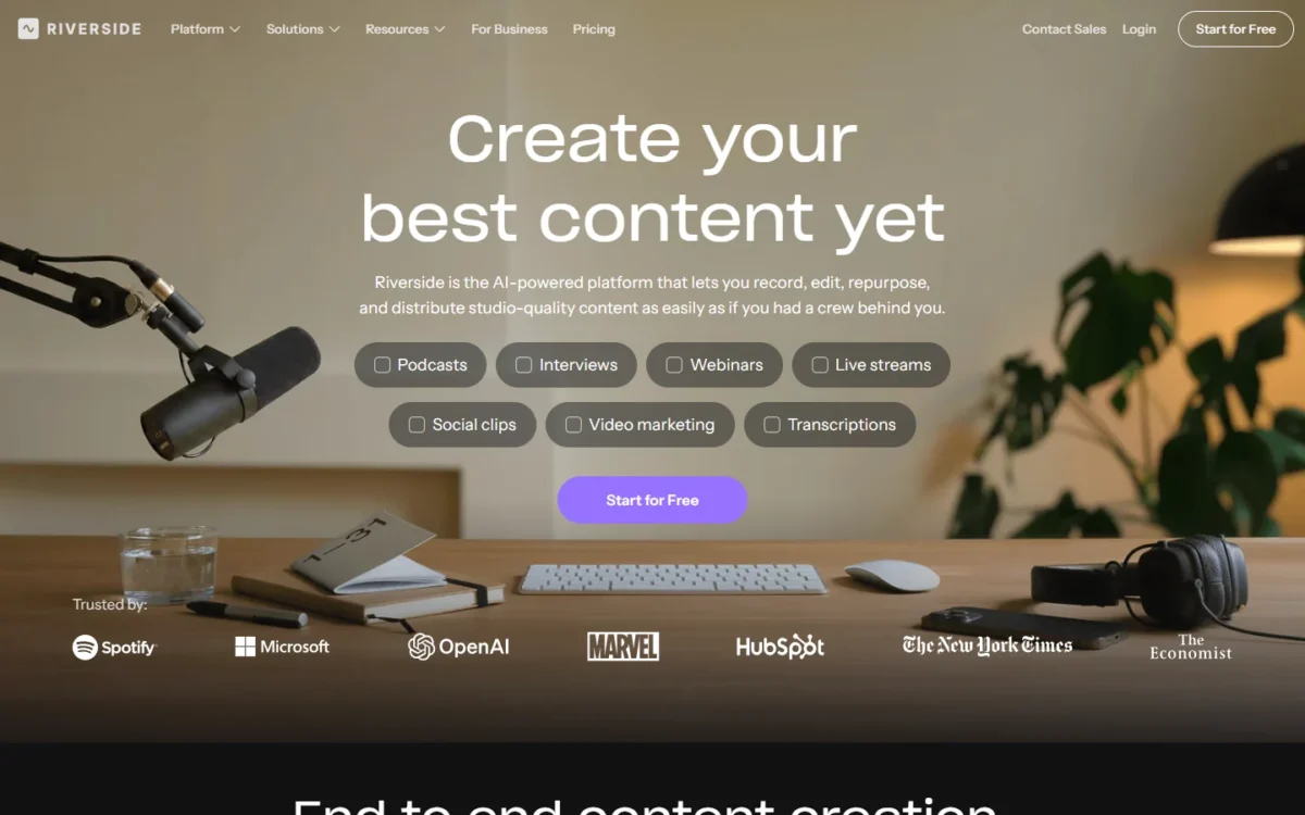 Riverside homepage, first screen