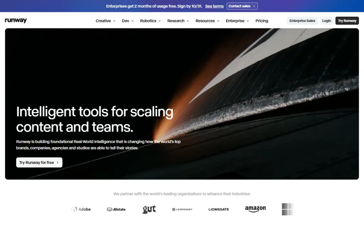Runway homepage, first screen