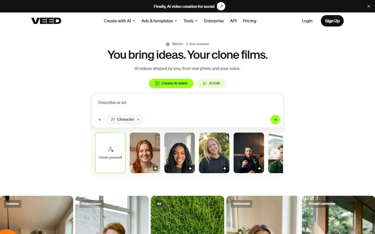 VEED homepage, first screen