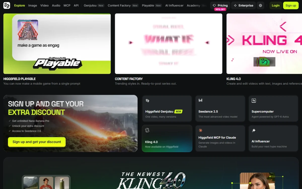 Higgsfield homepage, first screen