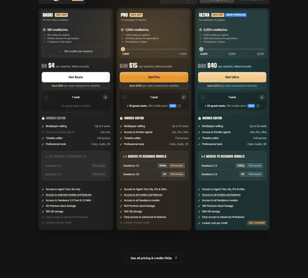 InVideo AI pricing page with Basic, Pro and Ultra