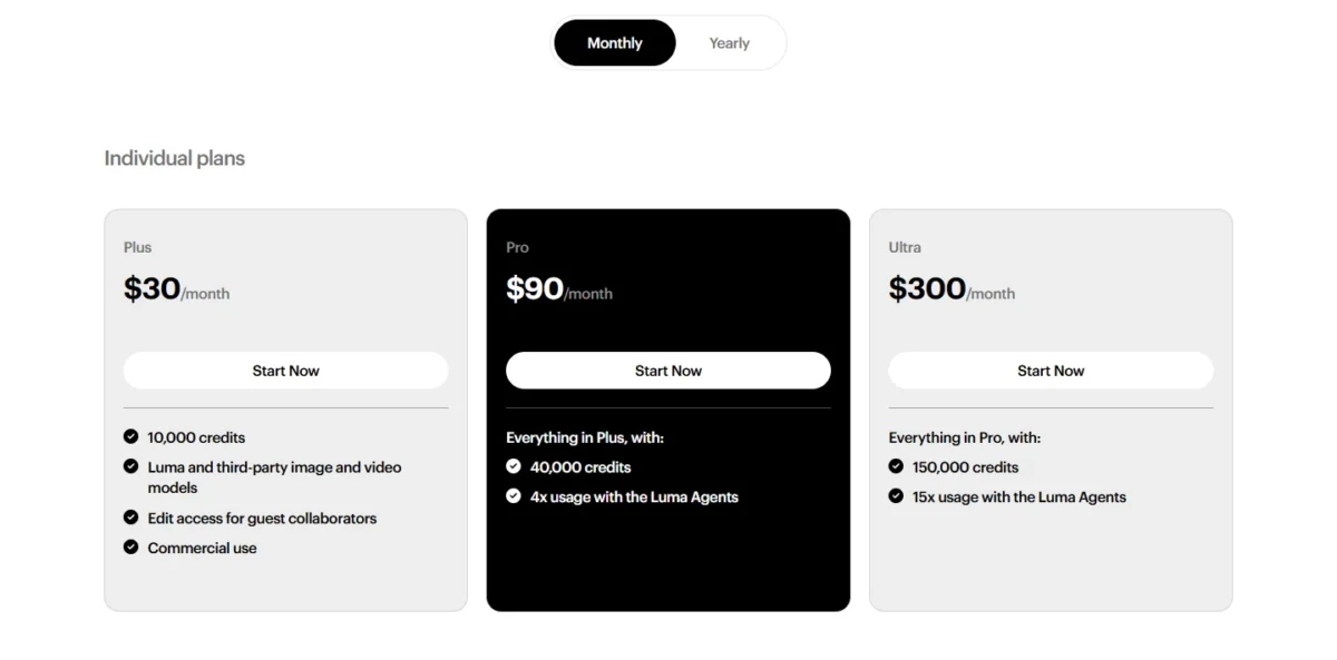 Luma AI pricing page with Plus, Pro and Ultra plans