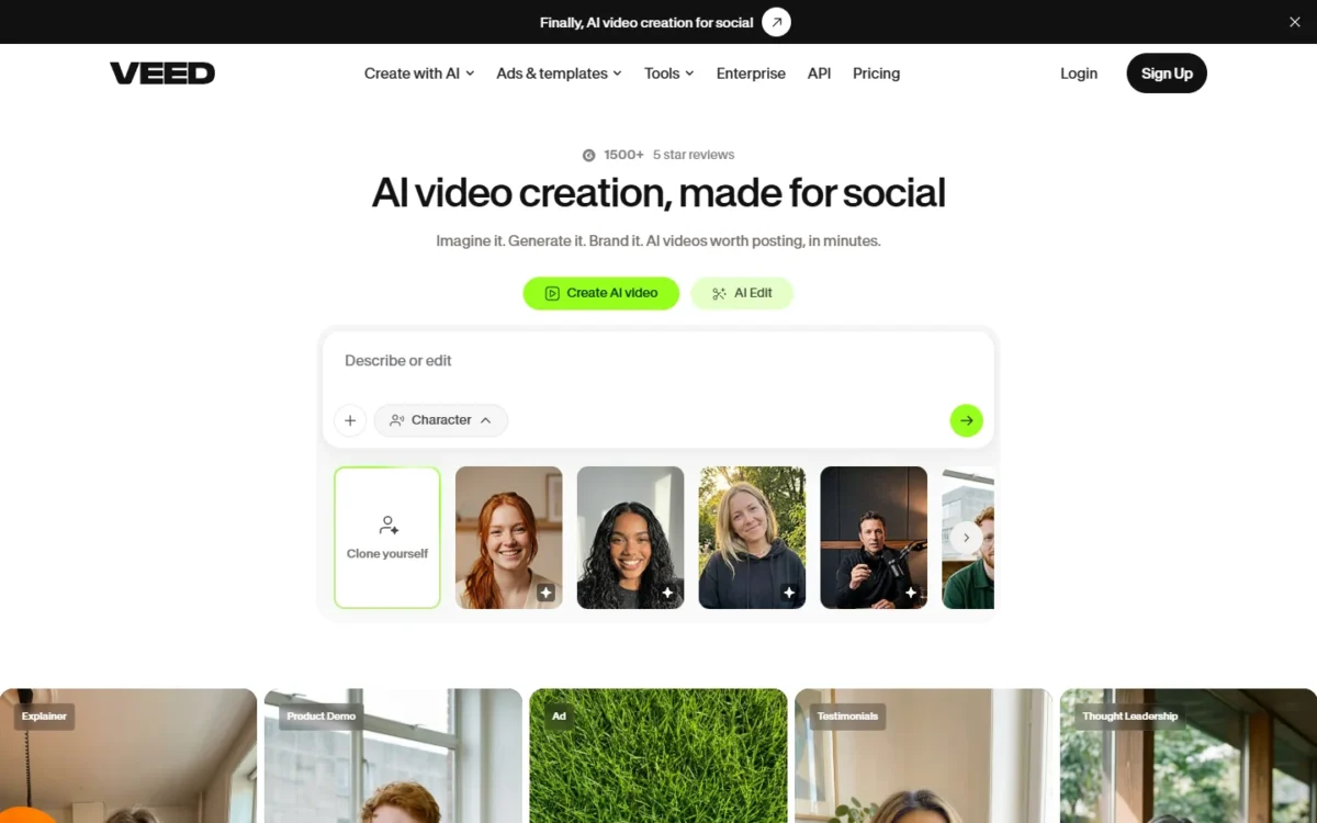VEED homepage, first screen