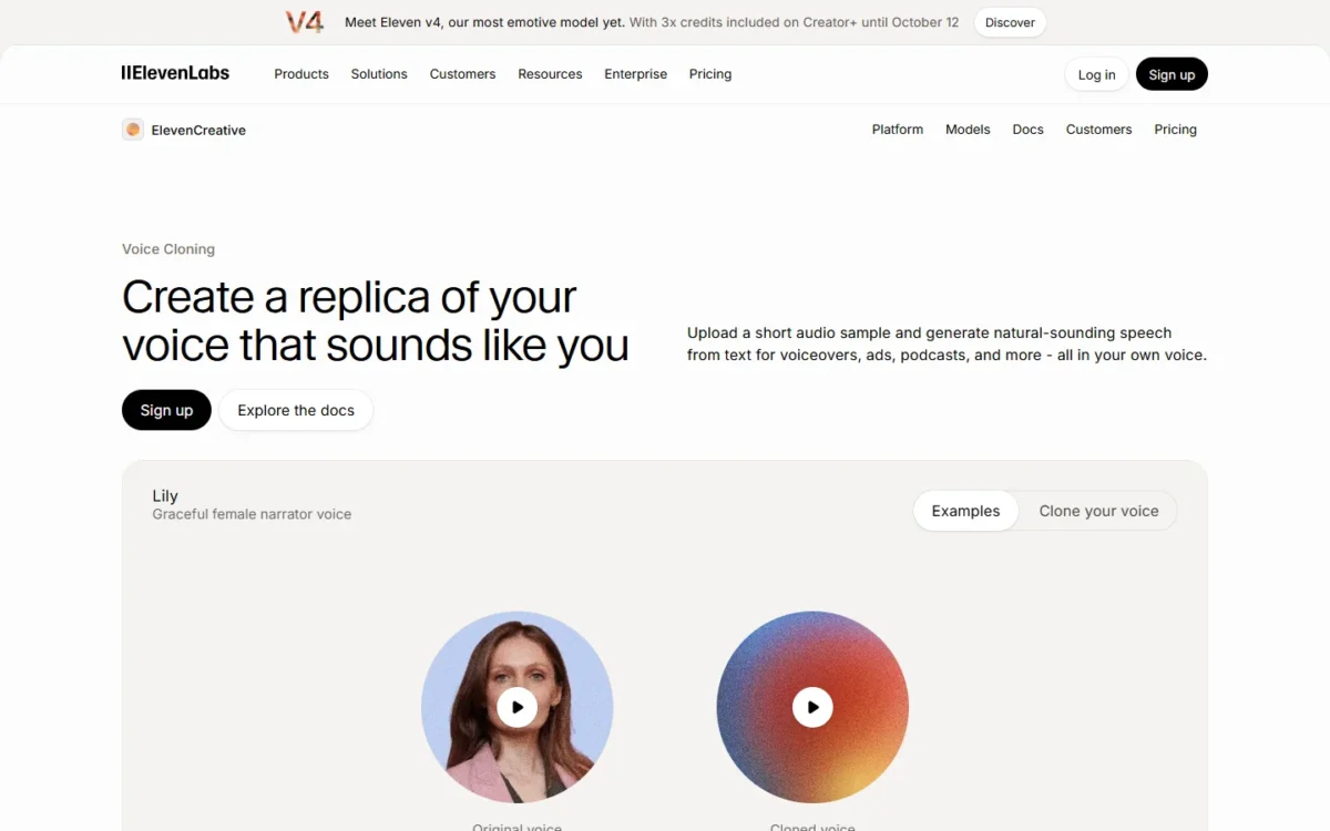 ElevenLabs voice cloning page with original and cloned voice samples