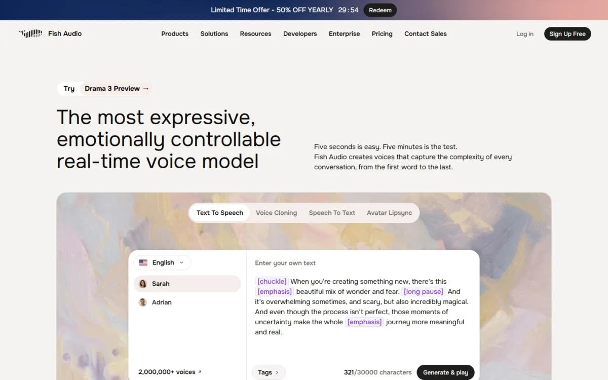 Fish Audio homepage, first screen