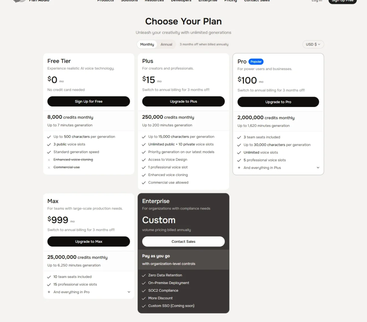 Fish Audio pricing page with monthly billing selected, showing Plus at $15 and Pro at $100 per month