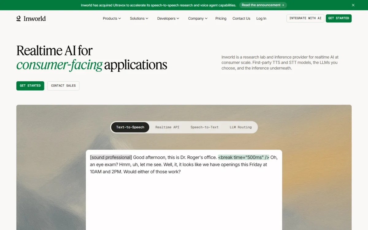 Inworld homepage, first screen