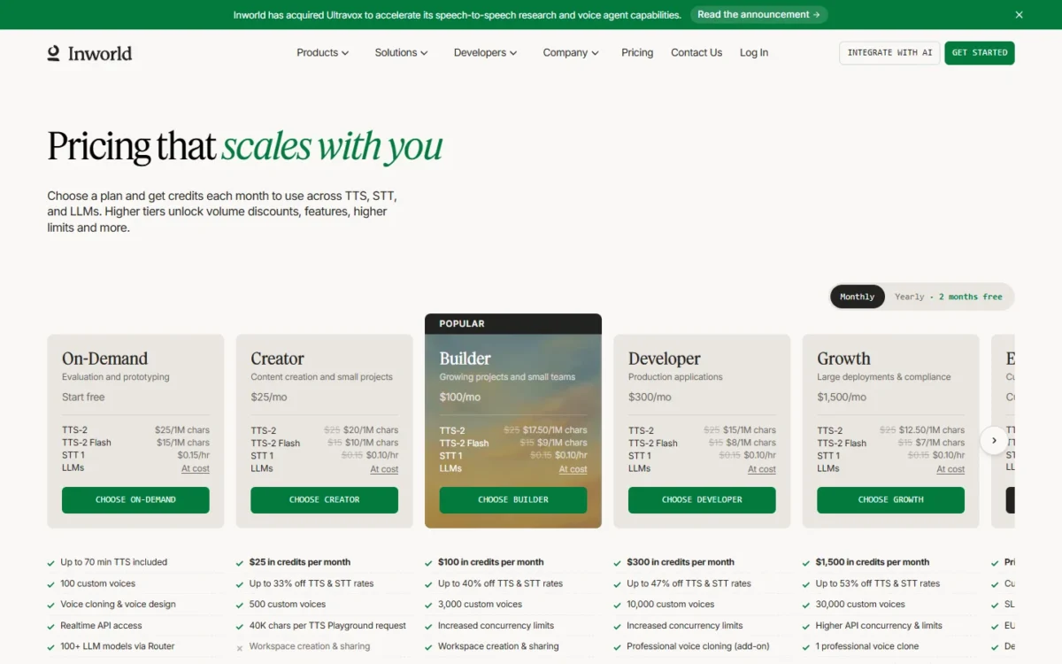 Inworld pricing page showing On-Demand, Creator, Builder, Developer and Growth plans