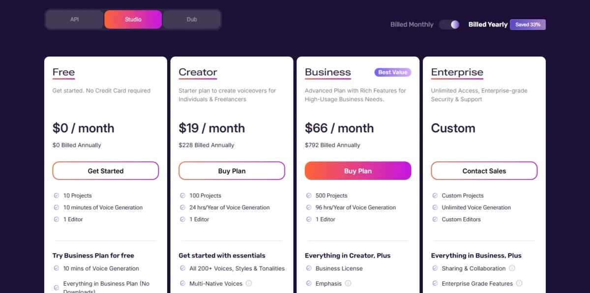 Murf AI Studio pricing with yearly billing selected, showing Creator at $19 and Business at $66 per month
