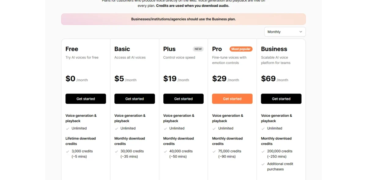 Typecast pricing page with monthly billing selected, showing Basic at $5, Pro at $29 and Business at $69 per month