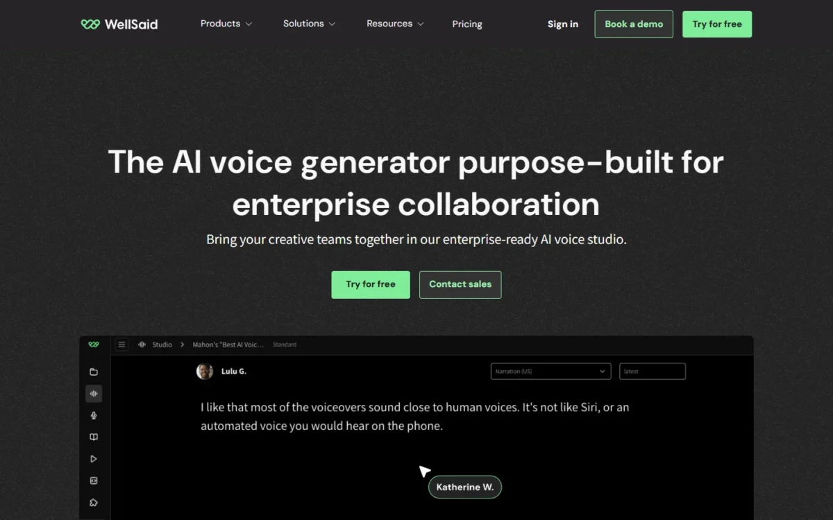 WellSaid collaboration features page showing a shared studio project