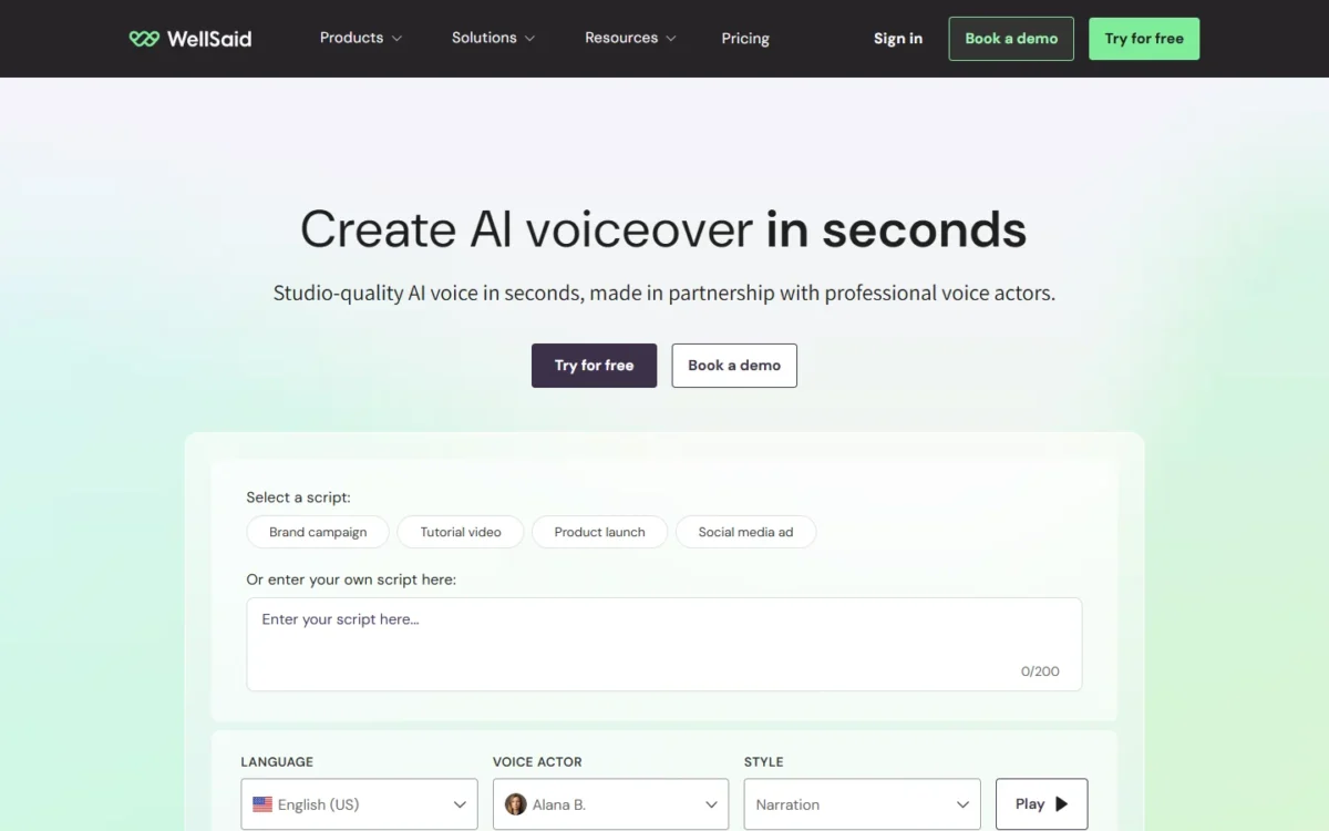 WellSaid homepage, first screen