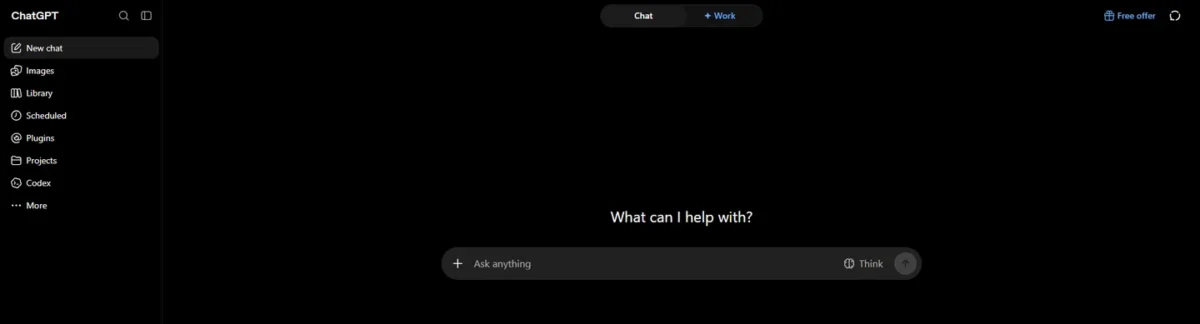 ChatGPT start screen with a sidebar menu, the heading What can I help with? and an Ask anything box