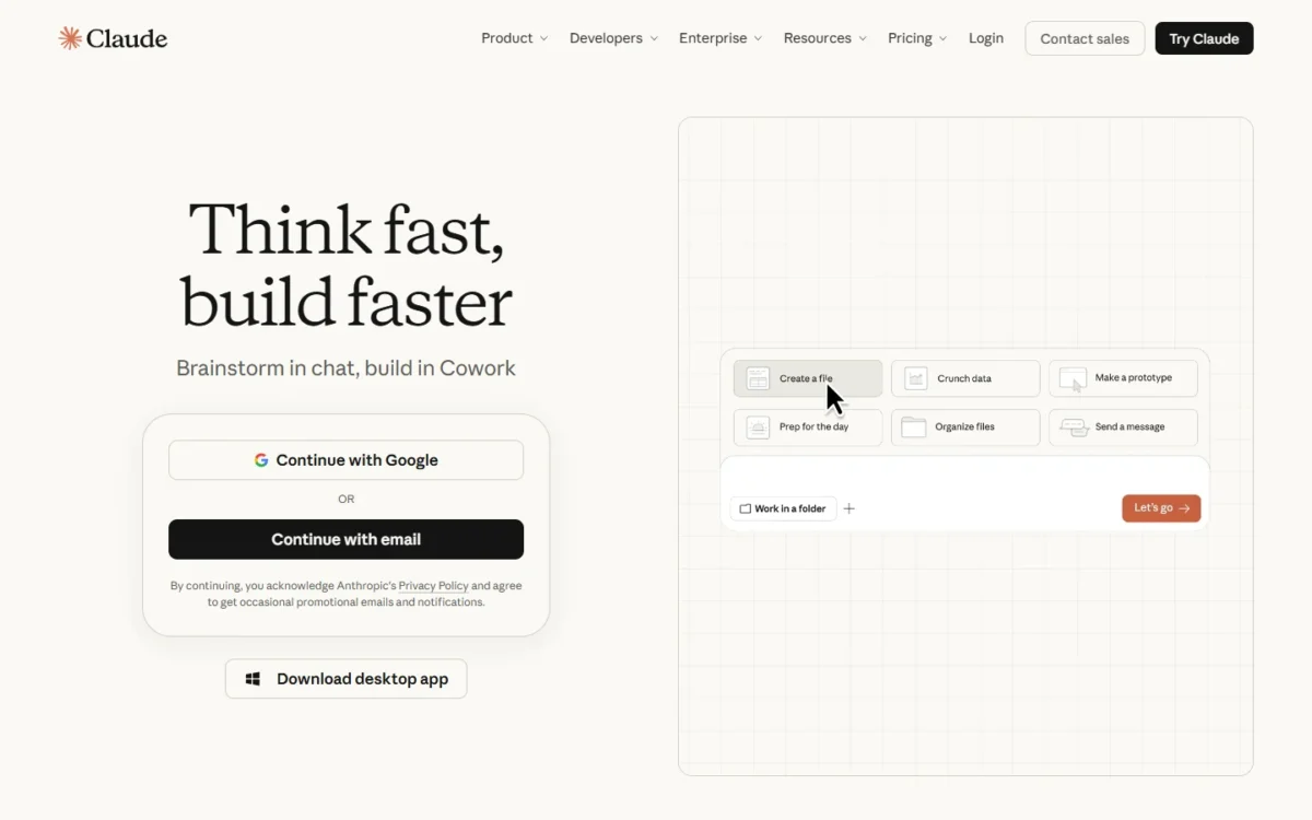 Claude homepage on claude.com with the headline Think fast, build faster and sign-in buttons for Google and email