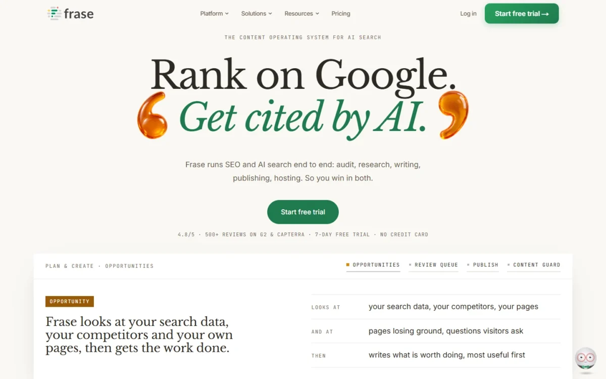 Frase homepage on frase.io with a Rank on Google and Get cited by AI headline, a Start free trial button and a product preview below it