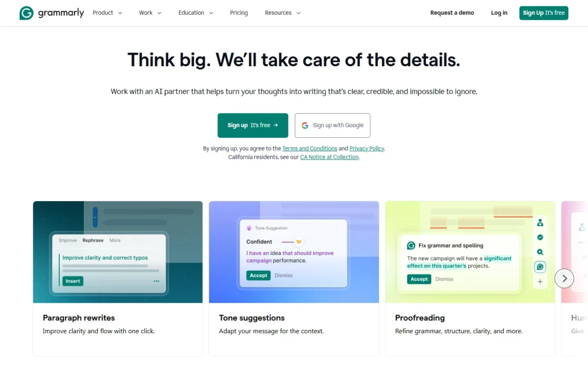 Grammarly homepage on grammarly.com with a sign-up button and product cards for paragraph rewrites, tone suggestions and proofreading