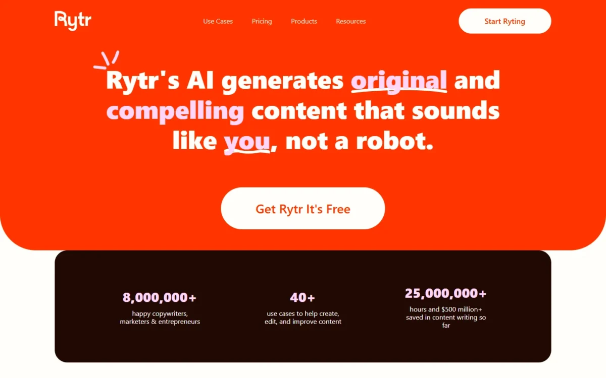 Rytr homepage on rytr.me with a headline about original content that sounds like you and a Get Rytr It's Free button