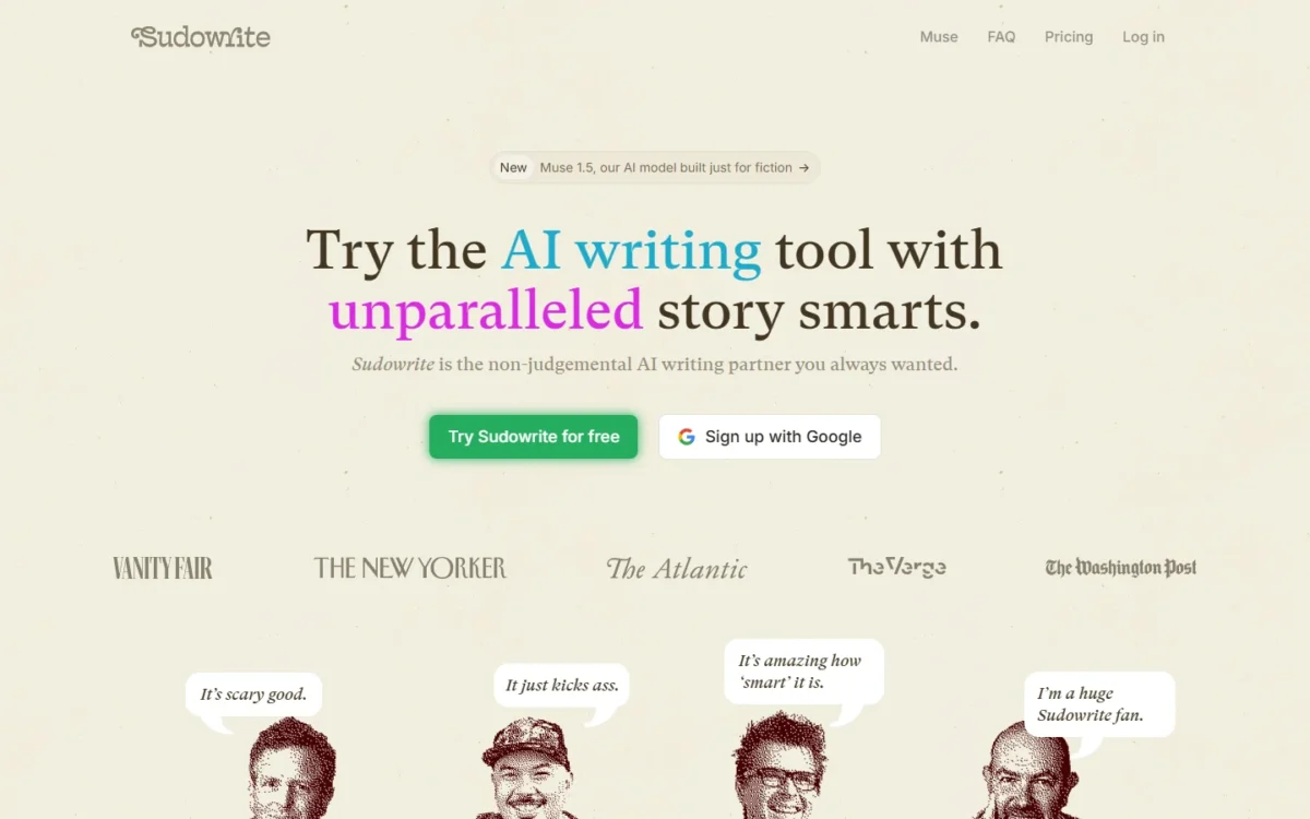 Sudowrite homepage on sudowrite.com with a Try Sudowrite for free button, publication logos and short quotes from fans under the headline