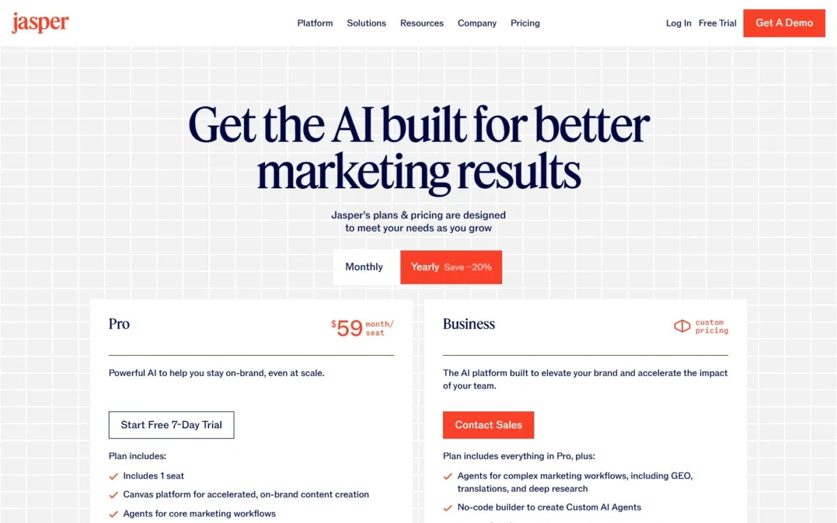 Jasper pricing page with Yearly billing selected, showing Pro at $59 per seat per month and Business at custom pricing