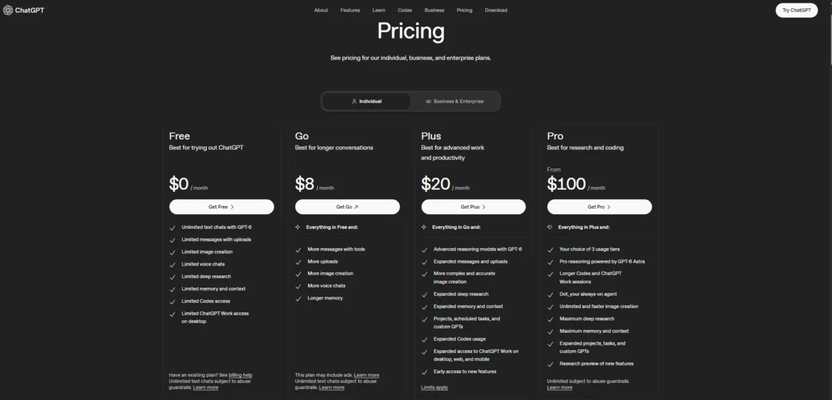 ChatGPT pricing page with the Individual tab selected, showing the Free, Go, Plus and Pro plans