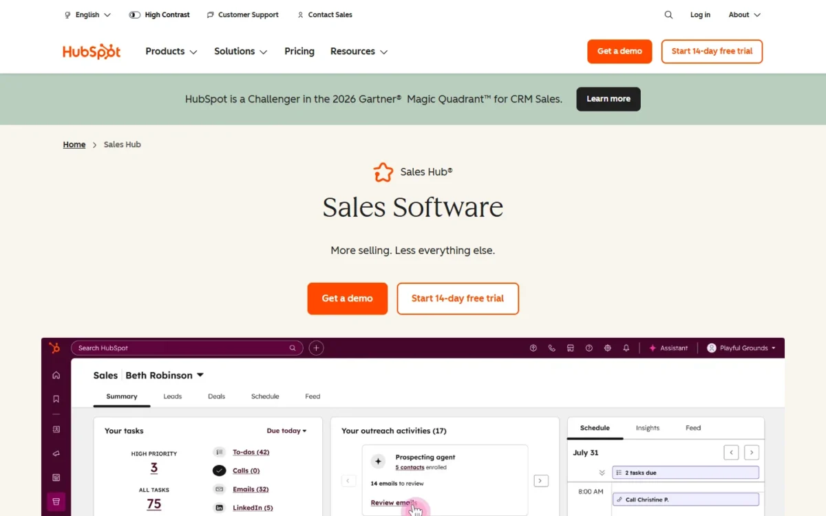 HubSpot Sales Hub homepage, first screen