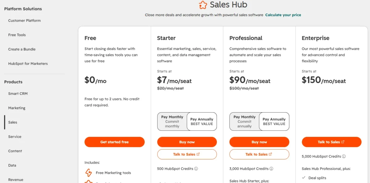 HubSpot Sales Hub pricing page with Free, Starter, Professional and Enterprise plans