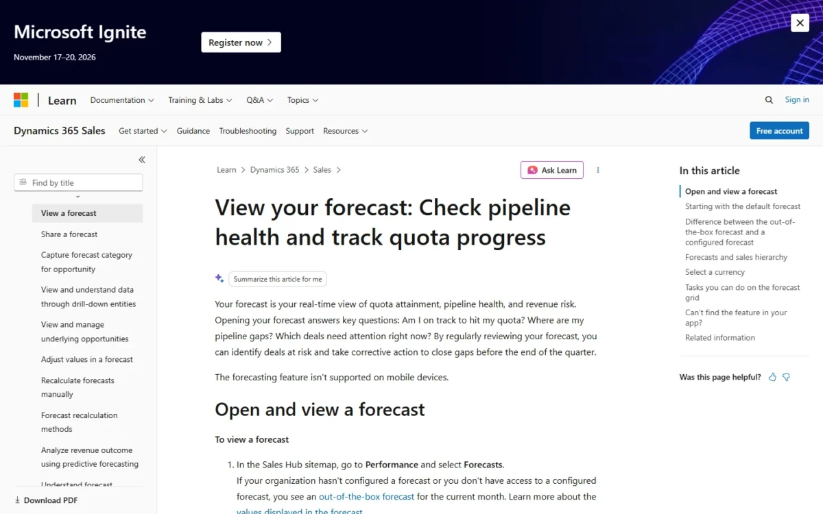 Microsoft Learn article on viewing and managing a forecast in Dynamics 365 Sales