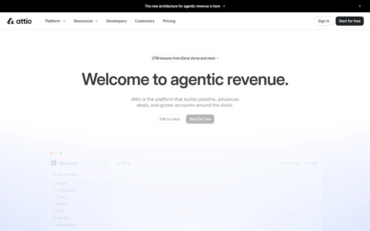 Attio homepage, first screen