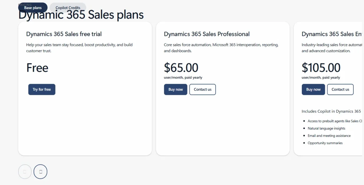 Microsoft Dynamics 365 Sales pricing page with the free trial, Sales Professional and Sales Enterprise