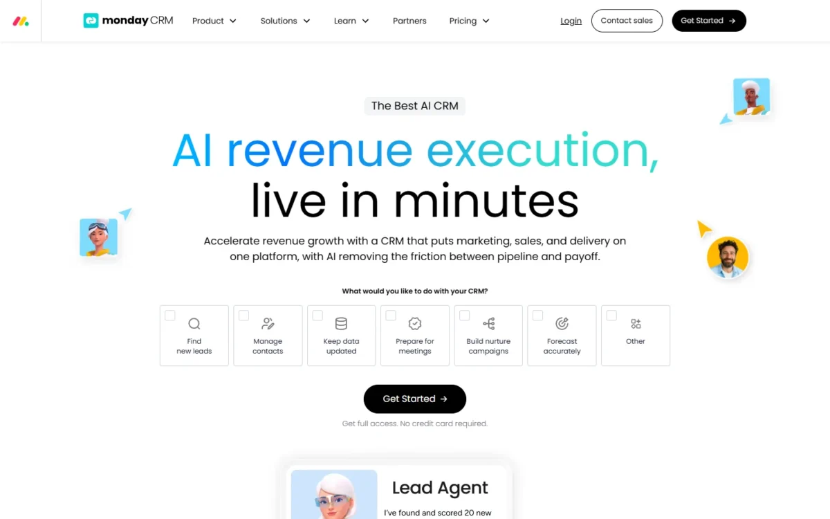 monday CRM homepage, first screen