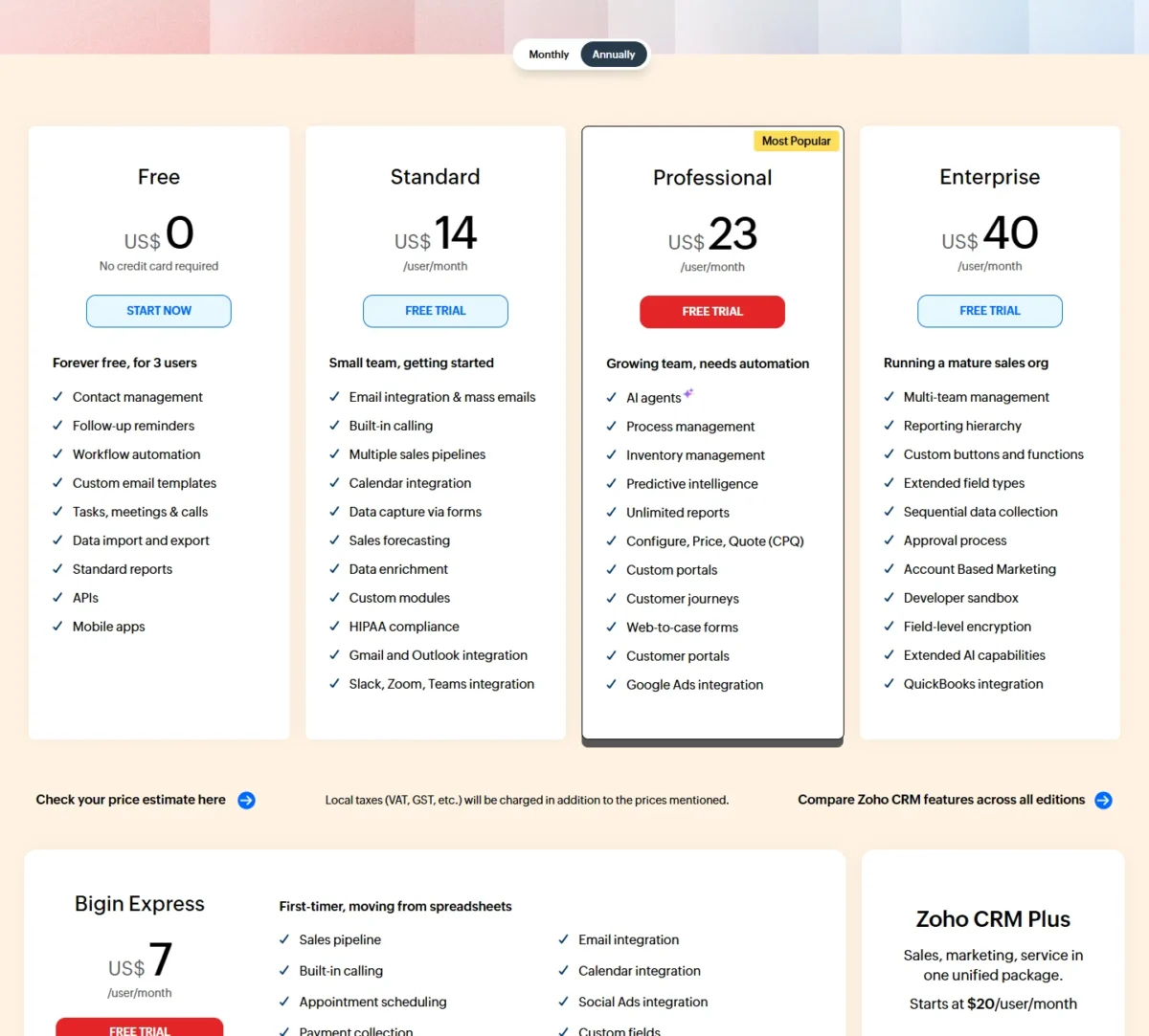 Zoho CRM pricing page with Free, Standard, Professional and Enterprise editions
