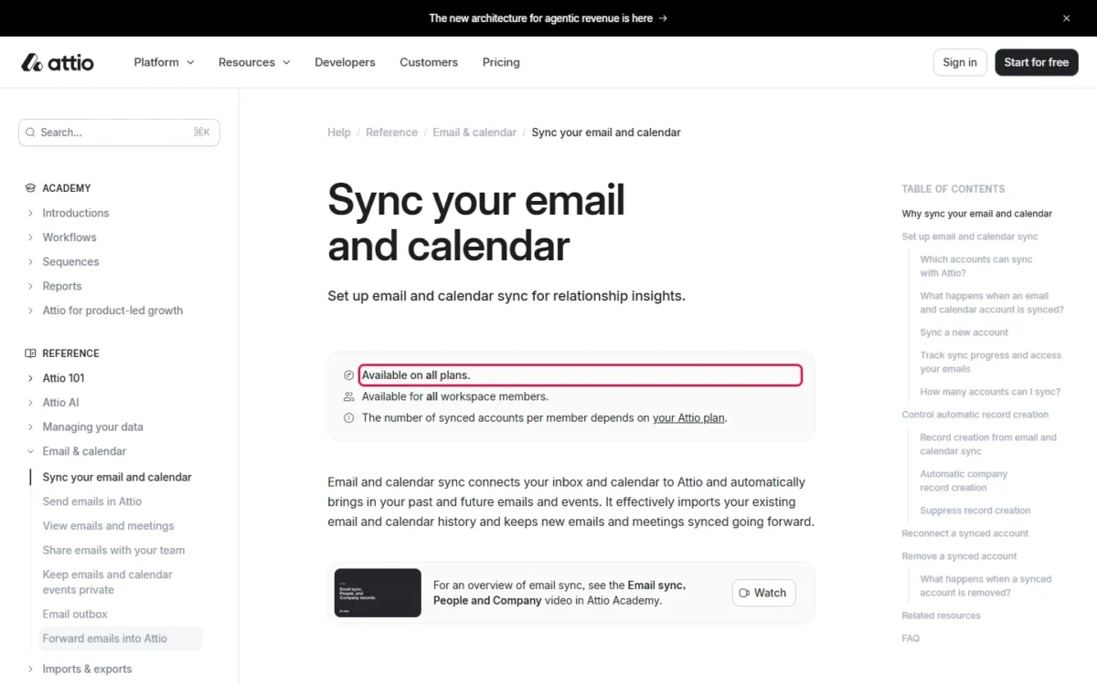 Attio help page on email and calendar sync