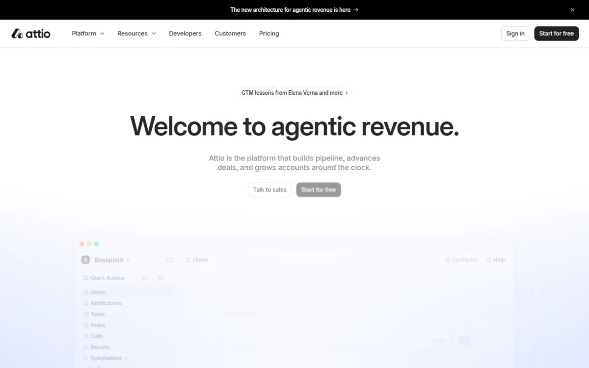 Attio homepage, first screen