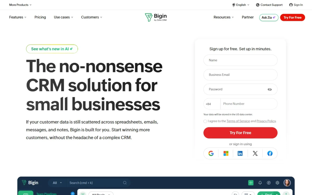 Bigin by Zoho CRM homepage, first screen