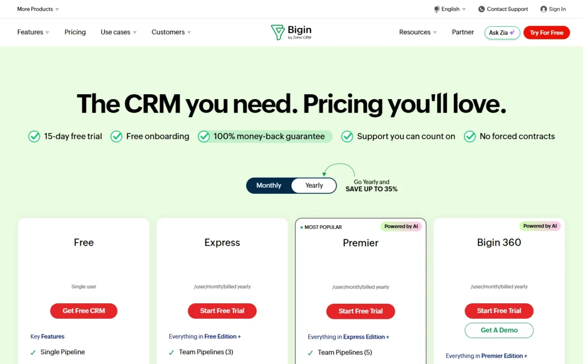Bigin pricing page