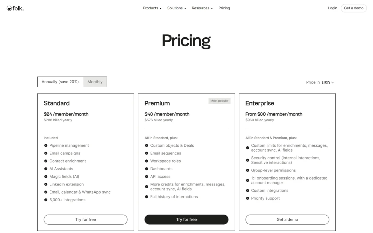 folk pricing page