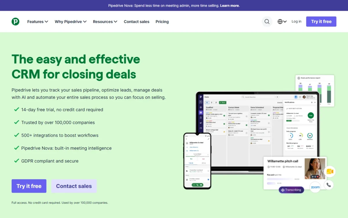 Pipedrive homepage, first screen