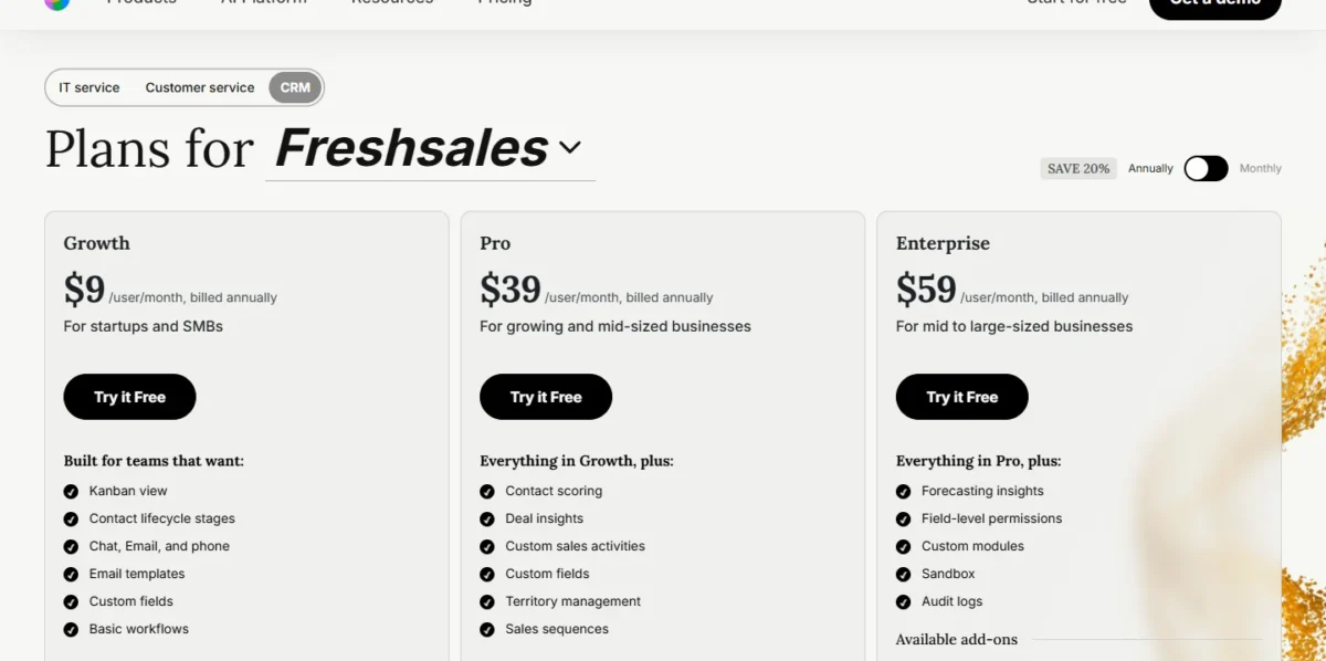 Freshsales pricing page