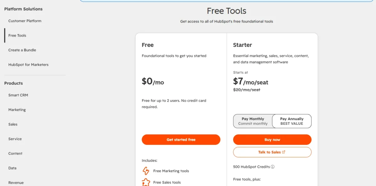 HubSpot pricing page
