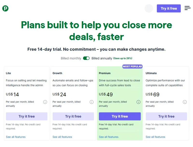 Pipedrive pricing page