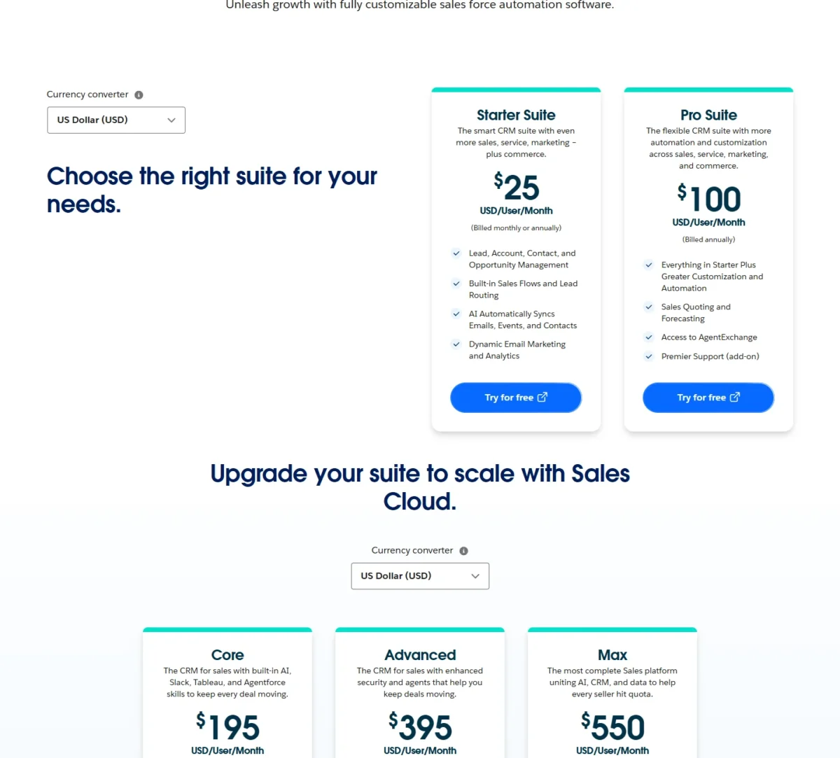 Salesforce Sales Cloud pricing page