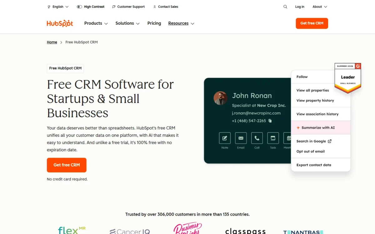 HubSpot free CRM page, first screen, with a contact record