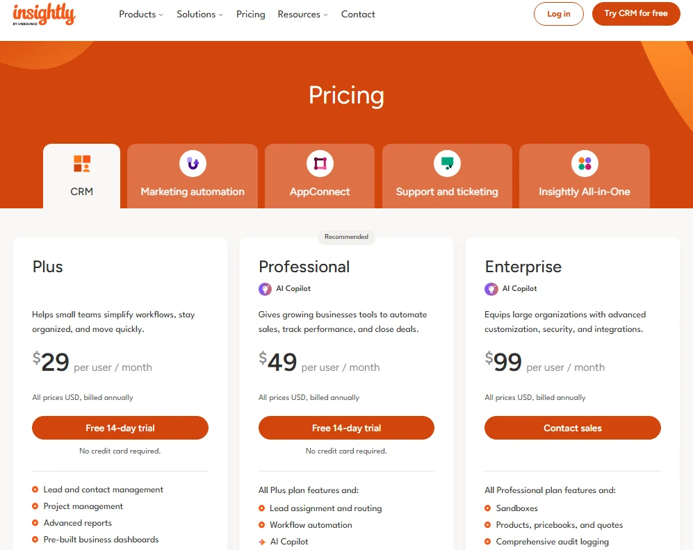 Insightly pricing page