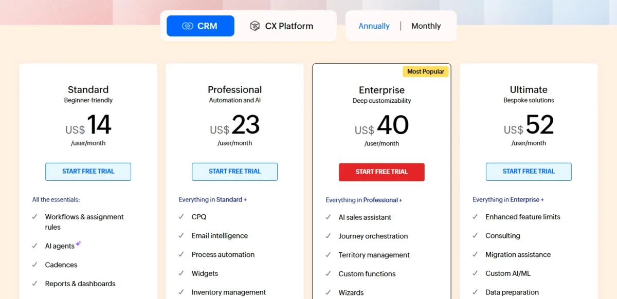 Zoho CRM pricing page with Annually selected, showing Standard, Professional, Enterprise and Ultimate plans