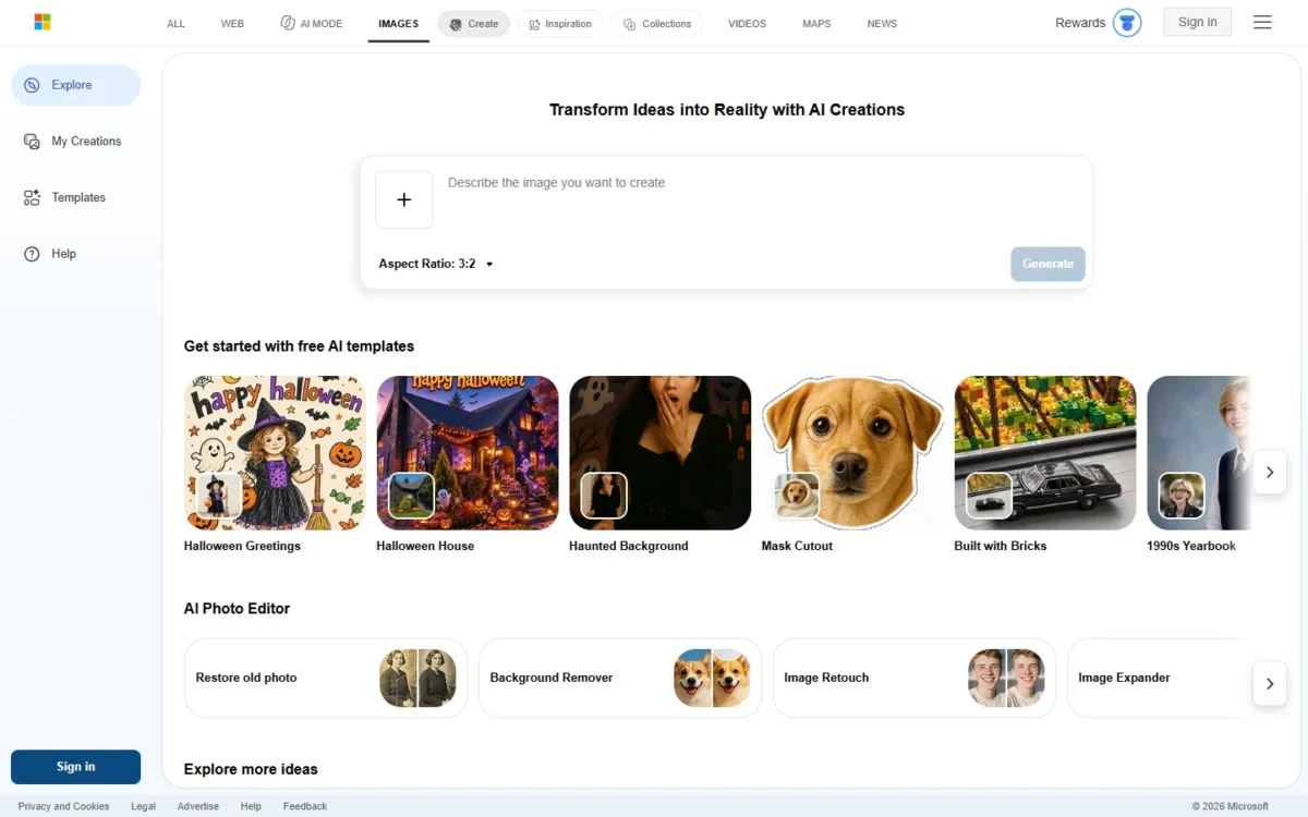 Microsoft Bing Image Creator homepage with a prompt box and free AI templates